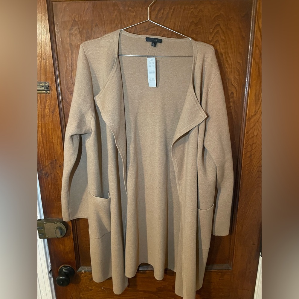 NWT J. Crew long collarless “Juliette” sweater-blazer cardigan tan khaki sz L